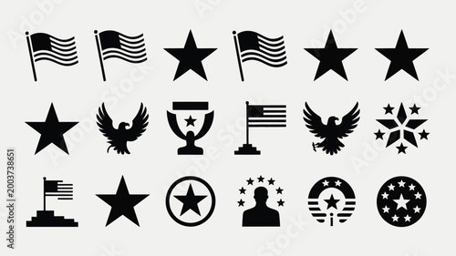 Collection of modern patriotic silhouette icons featuring american flags stars eagles trophies and circular emblems for national celebration and independence day design elements