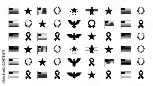 Collection of american flag icons stars eagles and ribbons in a repeating pattern on a white background representing patriotism and national symbols in a clean graphic design