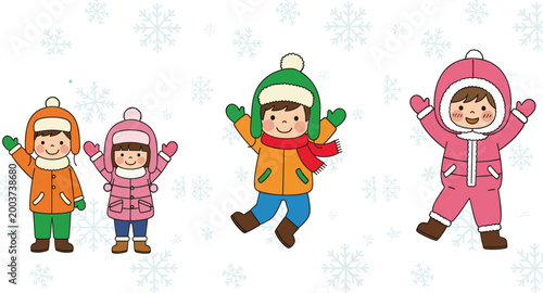 Winter Season Illustration Set with Children in Warm Clothes and Snowflakes for Holiday, Christmas, and Seasonal Designs