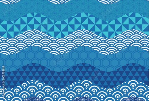 Traditional Japanese Wave Pattern with Geometric Blue Shapes