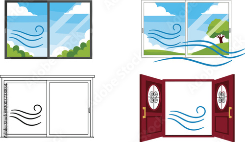 Window and Door Illustration Set with Wind Symbols for Airflow, Breeze, and Ventilation Designs
