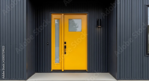 Vibrant yellow front door and sidelight on a modern dark grey building with vertical siding and a concrete step.