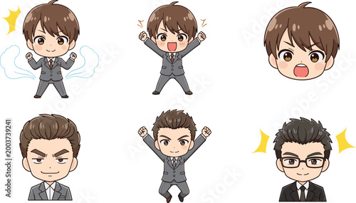 Set of Chibi Character Icons in Suits with Various Expressions and Poses for Business, Emotions, and Professional Concepts in Vector Style