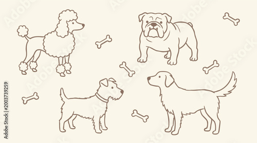 Set of cute handdrawn dog breeds with bones on a light background