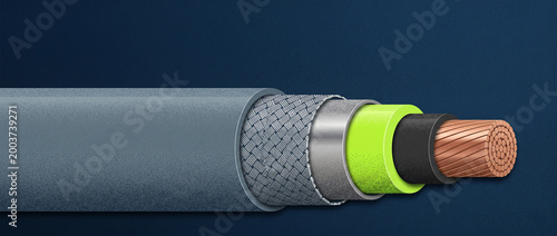 HVDC sub-sea power cable cross section and underwater energy interlink infrastructure illustration featuring multi-layer insulation and offshore wind grid technology no text