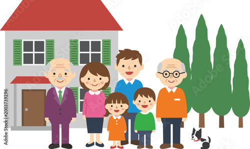Illustration of Multi-Generational Family with Children, Parents, and Grandparents in Front of a House for Family, Home, and Generational Concepts in Vector Style