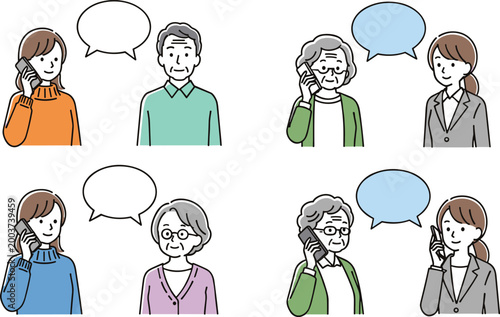 Set of People Talking on the Phone Including Elderly and Young Characters for Communication, Social Interaction, and Health Concepts in Vector Style