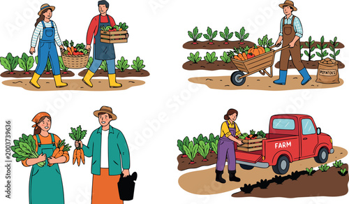Happy Farmers Harvesting Fresh Vegetables Vector Illustration Set Featuring Gardeners With Baskets Wheelbarrows And A Red Farm Truck