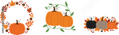 Set of Pumpkin Wreaths and Decorative Arrangements with Autumn Leaves for Fall, Harvest, and Halloween Concepts in Vector Style