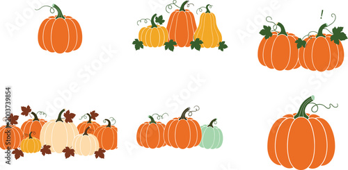Set of Colorful Pumpkins in Various Shapes for Fall, Harvest, and Halloween Concepts in Vector Style