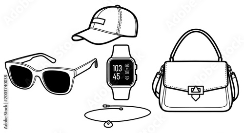 Accessories collection sunglasses smartwatch handbag cap and necklace