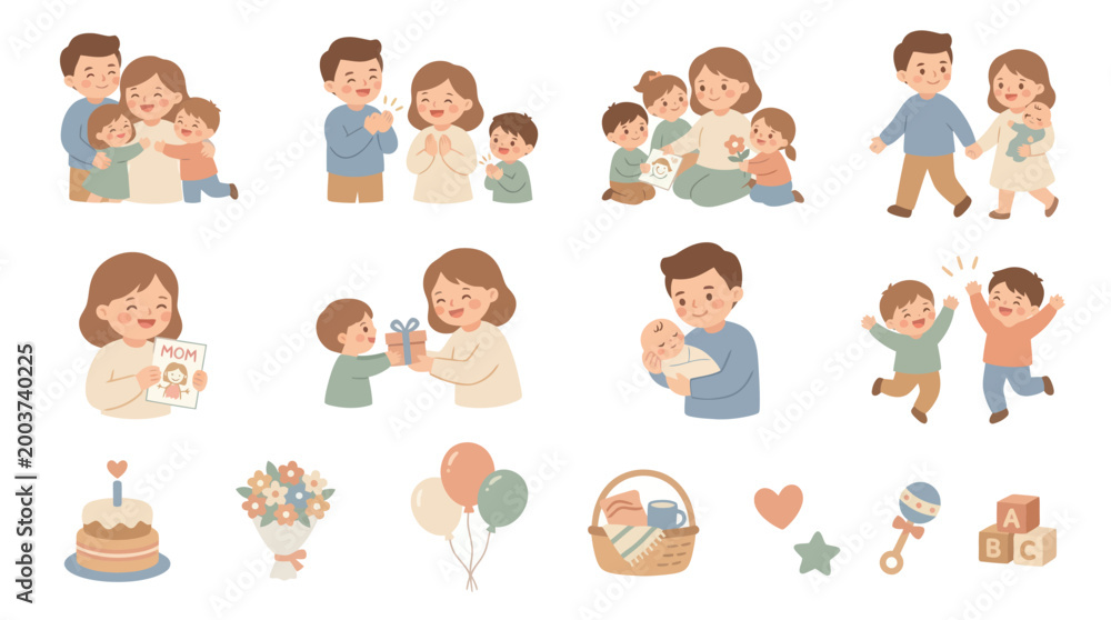 Fototapeta premium Cute Flat Illustration Set: Happy Family, Parenting, Childhood, and Celebration Moments