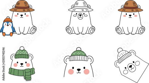 Set of Cute Polar Bears with Winter Hats, Scarves, and Penguin Friends for Winter, Holiday, and Cartoon Character Concepts in Vector Style
