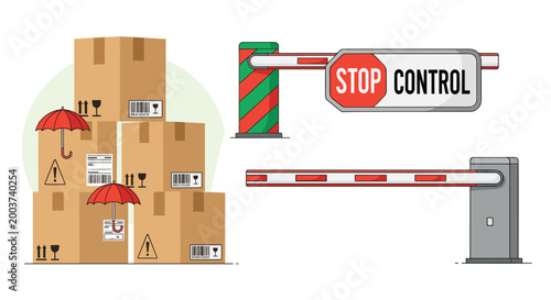 Stacked cardboard boxes with shipping labels and warning symbols placed next to security boom barrier gates for control.