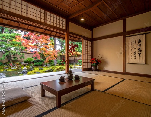 日本の四季の移ろい：伝統的な和室から望む春夏秋冬の花鳥風月