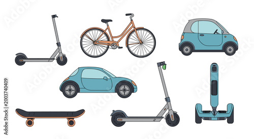 Diverse collection of modern urban transport vehicles including electric scooters, bicycles, a skateboard, and compact city cars.
