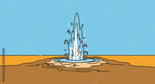 Cartoon geyser erupting water outdoors against clear blue sky