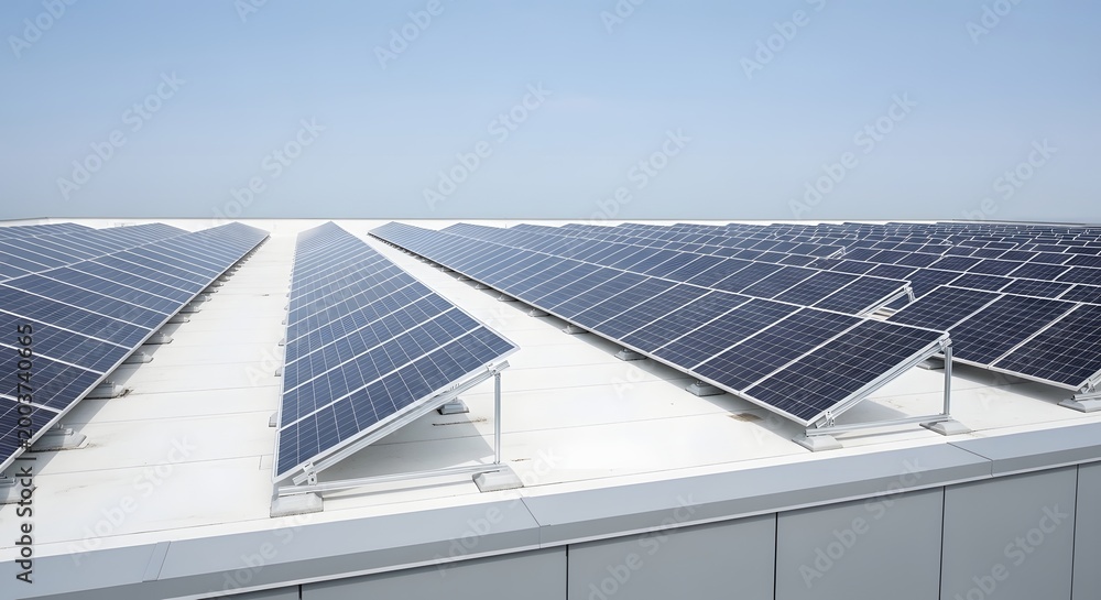 Fototapeta premium Extensive solar panel installation on a large industrial rooftop under a clear blue sky.