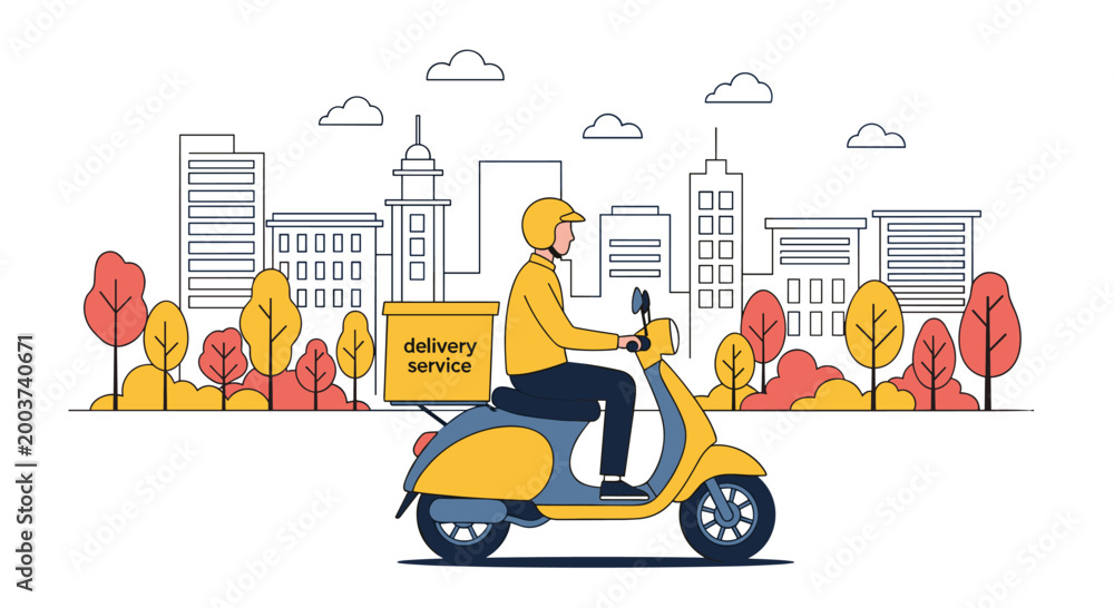 Naklejka premium Food delivery courier riding a yellow scooter through a scenic city park with colorful autumn trees and a skyline.