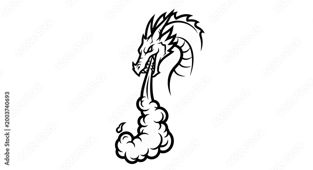 Fototapeta premium Dragon head emitting smoke monochrome vector illustration isolated