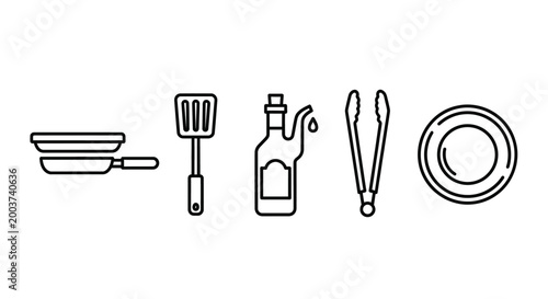 Cooking utensils and food preparation tools in line art style on white