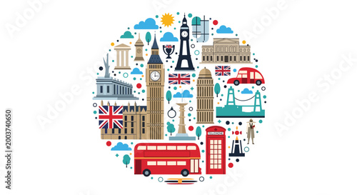 Circular collection of famous London landmarks and cultural symbols including Big Ben, Tower Bridge, and a red bus.