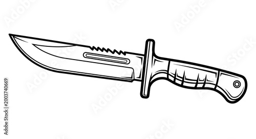 Detailed illustration of a steel knife with serrated blade isolated