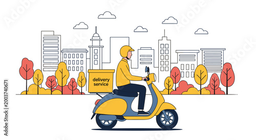 Food delivery courier riding a yellow scooter through a scenic city park with colorful autumn trees and a skyline.