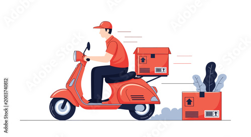 Professional delivery courier in a red uniform riding a matching red motorized scooter at high speed with packages.