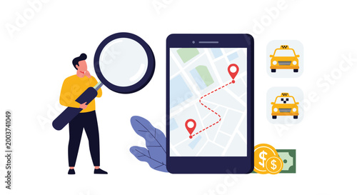 Young man using magnifying glass to find taxi on mobile app map with route and currency icons for modern ride hailing service.