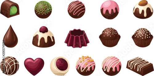Set of Various Chocolate Truffles and Sweets Including Heart-Shaped, Almond, and Sprinkled Designs for Dessert, Confectionery, and Gift Concepts in Vector Style