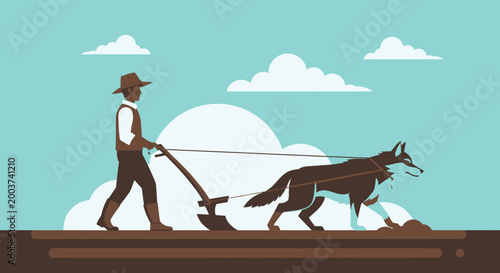 Man plowing field with dog on sunny day against blue sky illustration