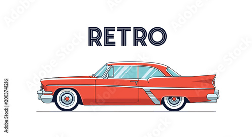 Classic retro red sedan car from the mid twentieth century with chrome details and vintage typography for automotive nostalgia.