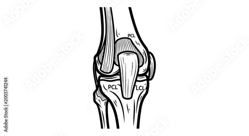 Medical illustration of a human knee joint showcasing anatomical structures
