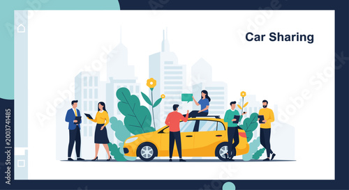 Group of diverse people standing around a yellow car for car sharing and urban mobility platform advertisement in a city setting.