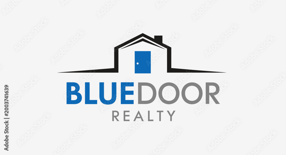 Fototapeta premium Modern blue door realty logo design on white background with minimalist style