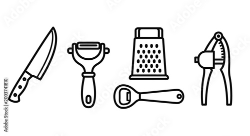Outlined kitchen utensils set knife peeler grater bottle opener press