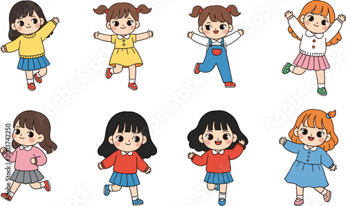Playful Girls Vector Set with Eight Colorful Outfits, Cute Dresses, Happy Expressions, Youthful and Cheerful Illustrations for Digital Media