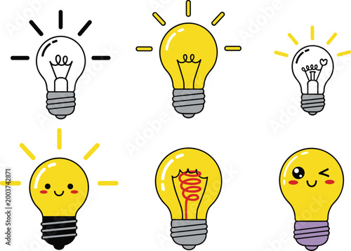 Cartoon Light Bulb Vector Set with Six Creative Idea Illustrations, Happy, Winking, and Thoughtful Expressions, Glowing Bulbs, and Fun Concept Icons for Digital Media