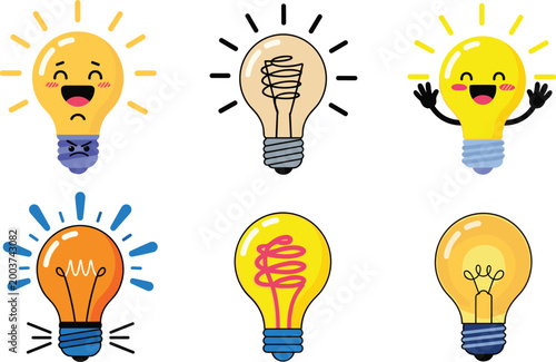 Light Bulb Vector Set with Six Cartoon Designs, Creative Idea Icons, Expressive Happy and Glowing Bulbs, Innovation and Energy Illustration, Playful Concept Elements for Digital Media