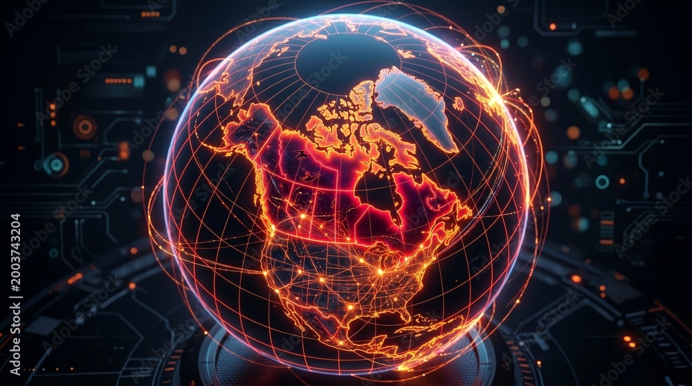 Fototapeta premium High tech glowing earth highlighting Canada with orange cyber network lines and grid