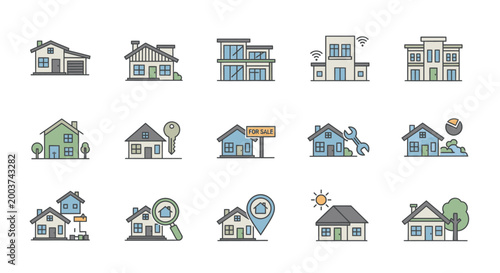 Residential house icon collection with modern homes and buildings in flat style, clean real estate illustration set for property listings, architecture branding and housing projects