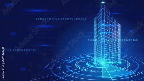 This is a futuristic tech background featuring a wireframe holographic skyscraper, paired with binary code, radar interfaces and glowing digital effects for smart building and real estate tech themes.