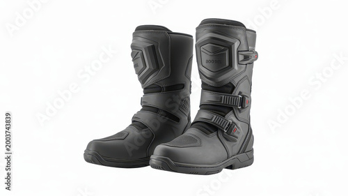 Pair of black motorcycle riding boots with protective armor on a white background
