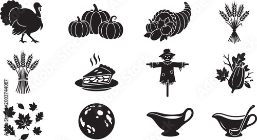 Set of black silhouette for thanksgiving, featuring a turkey, pumpkins, cornucopia, wheat sheaves, a slice of pumpkin pie, a scarecrow, autumn leaves, a full moon, and gravy boats
