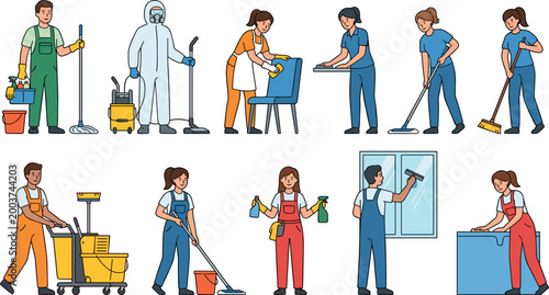Professional Cleaning Service Personnel Set with Characters Mopping Sweeping and Sanitizing Surfaces Isolated on White Background for Business Design