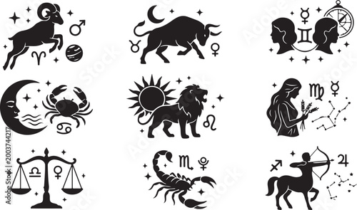 Set of nine black silhouette zodiac signs featuring aries, taurus, gemini, cancer, leo, virgo, libra, scorpio, and sagittarius with celestial symbols, stars, planets, and constellations