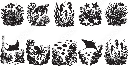 Set of ten black silhouette featuring underwater marine life, including sea turtles, clownfish, octopuses, stingrays, seahorses, starfish, coral reefs, and aquatic plants on a white background
