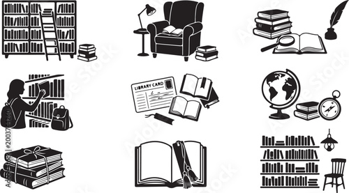 A collection of black and white featuring library and reading themes, including bookshelves, a reading chair, open books, a globe, a library card, a compass, and a student with a backpack