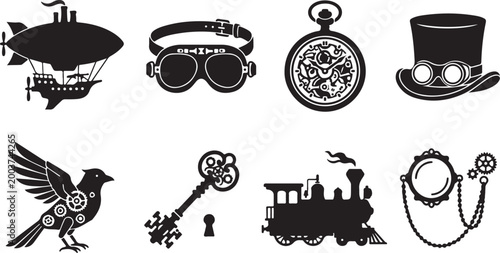 Steampunk set featuring a dirigible airship, aviator goggles, ornate pocket watch, hat, mechanical bird, skeleton key, steam locomotive train, and a monocle with gears on a chain